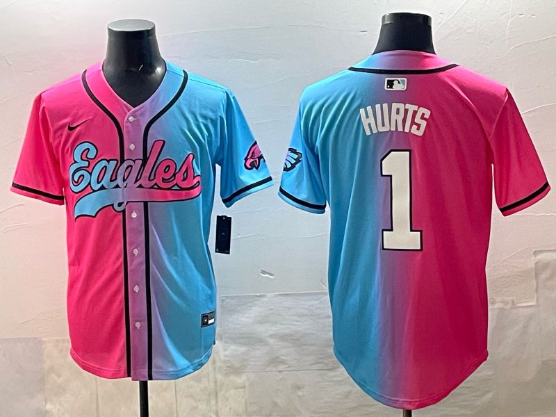 Men 2025 Philadelphia Eagles #1 Hurts Blue pink Nike Limited NFL Jersey style 01